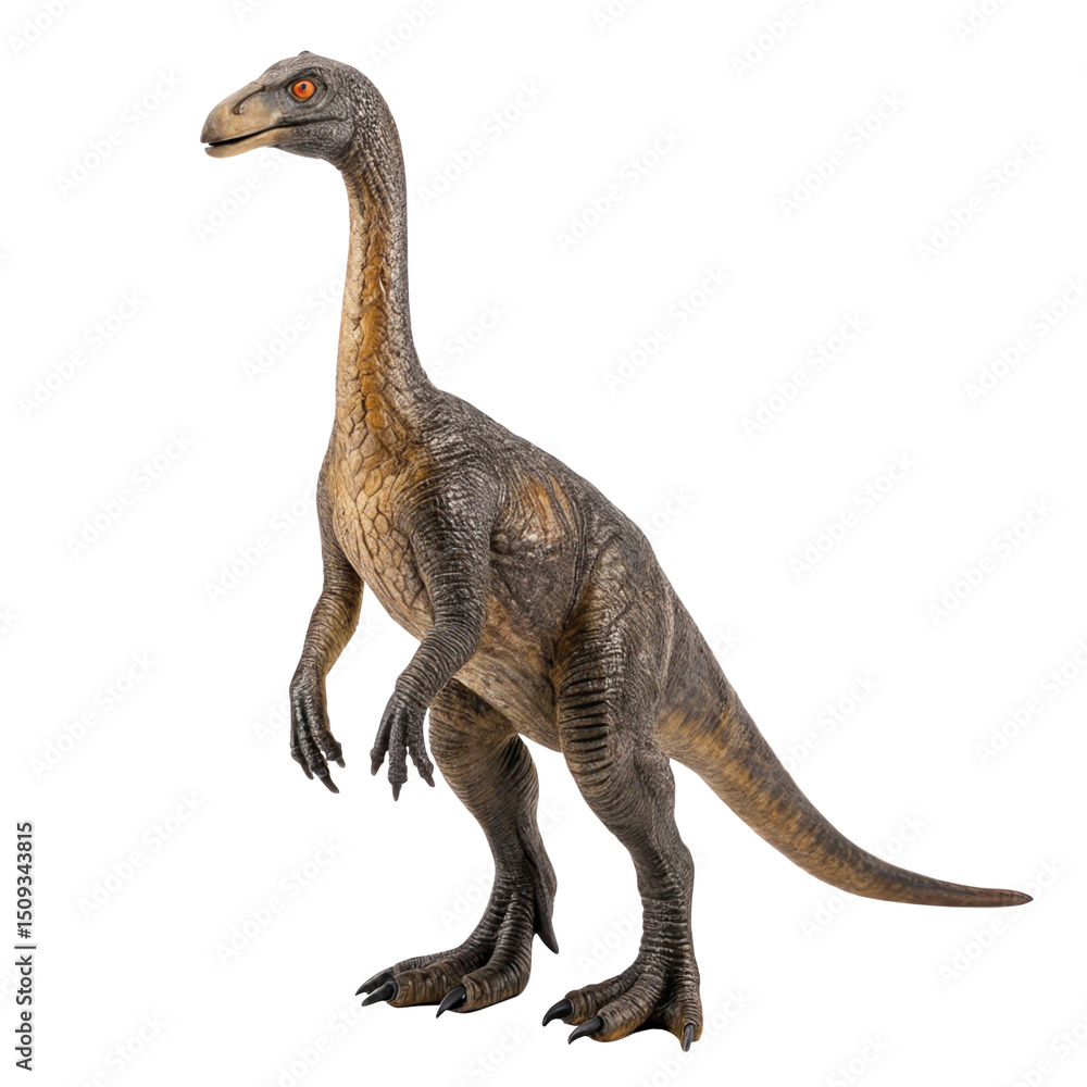 Naklejka premium Therizinosaurus dinosaur standing majestically, showcasing its long neck, powerful legs, and enormous claws, isolated on a transparent background, perfect for educational or creative projects