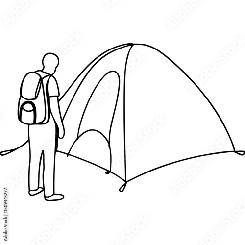 Camping trip with backpack and tent. Person with backpack stands near camping tent.  Relaxing camping scene for travel blogs and outdoor adventure publications.