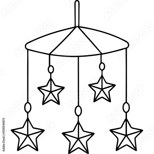 Adorable crib mobile with five stars. Baby crib mobile features five charming stars hanging from a circular base. Perfect crib mobile design for nursery decoration and baby shower invitations.