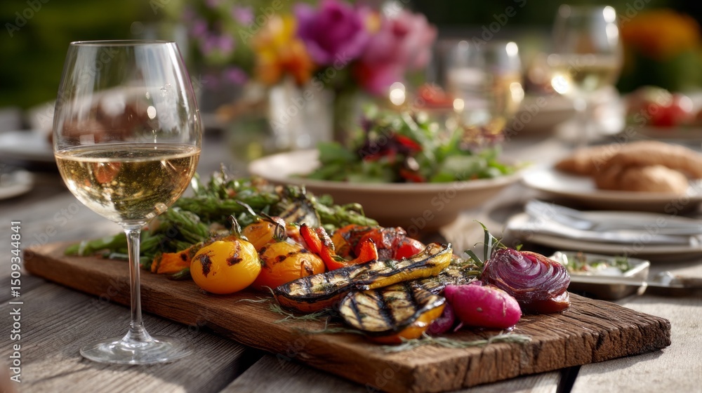 Gathered around a rustic summer table, grilled vegetables rest on a wooden platter next to a glass of wine. Fresh flowers add color to a joyful outdoor dining experience Gathered around a rustic summer table, grilled vegetables rest on a wooden platter next to a glass of wine. Fresh flowers add color to a joyful outdoor dining experience