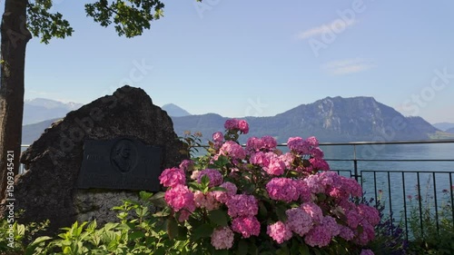 The Mark Twain monument in Weggis surrounded by pink flowers, overlooking Lake Lucerne and the Swiss Alps. Mark Twain stayed in Weggis in the summer of 1897. 4K UHD video.