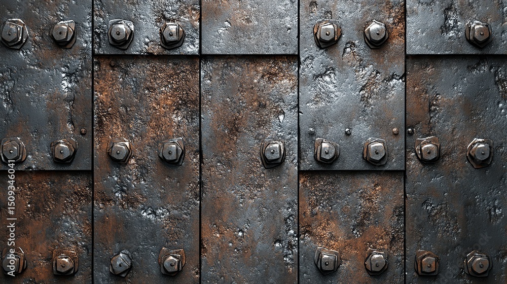 Fototapeta premium Rustic Metal Texture Background Dark Grey Brown Weathered Steel Plates Bolts Industrial Grunge Seamless Pattern Design Element Vintage Aged Surface Rough Texture Old Metal
