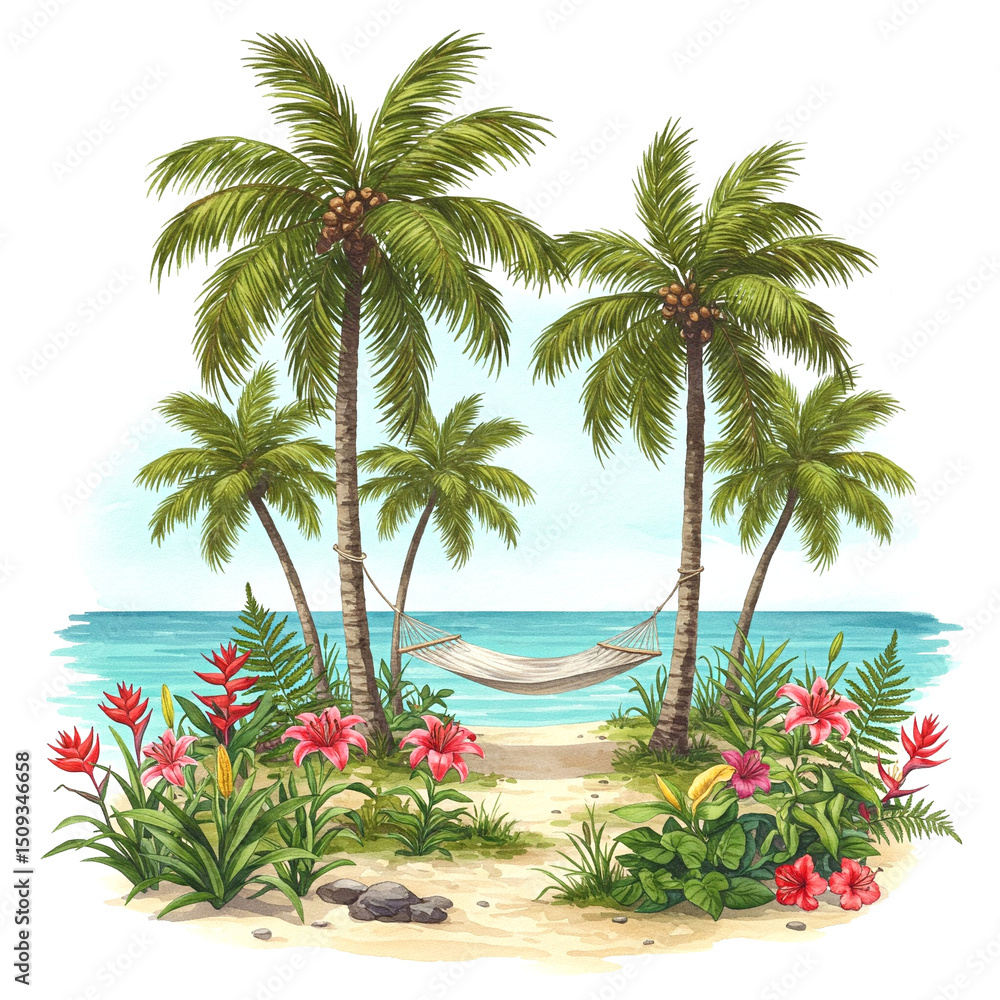 Fototapeta premium Watercolor Tropical Beach with Hammock and Palm Trees - Coastal Art for Ocean Decor, Travel Prints, and Nature Cards