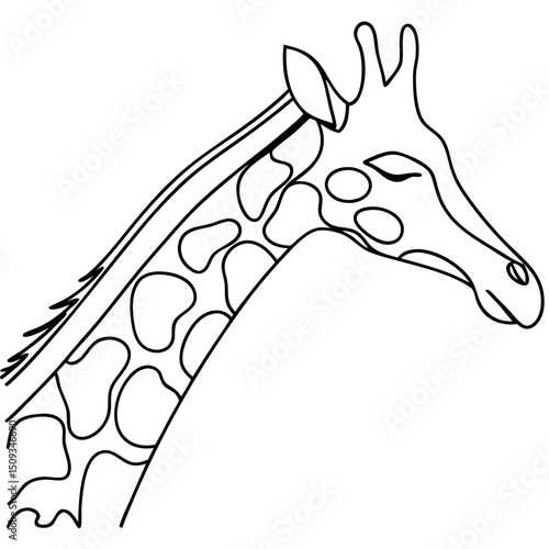 Elegant giraffe neck portrait. Giraffe head with long neck and spotted pattern.  Closeup giraffe neck illustration perfect for zoological publications, educational materials, or nature-themed designs.