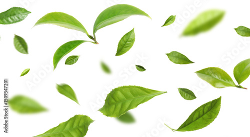 Green tea leaves in air on white background