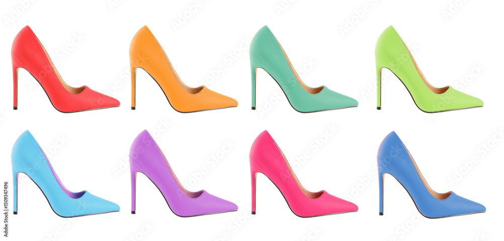 Obraz premium Fashionable high heeled shoes in different colors on white background, collage