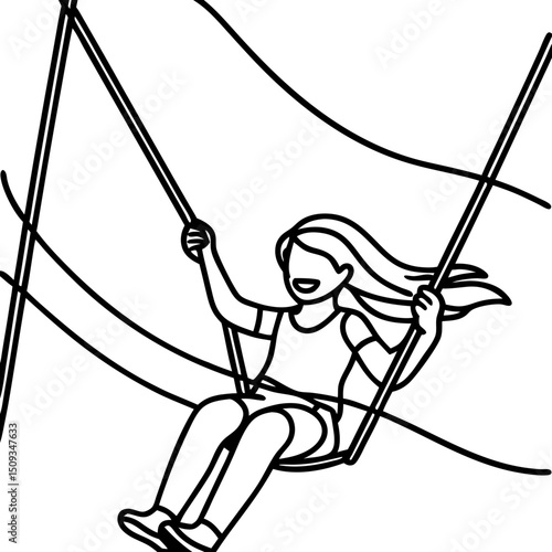 Happy girl on swing set enjoying summer day. Girl swinging high on playground equipment.  Child on swing, joyful summer activity perfect for kids' books, websites, and greeting cards.
