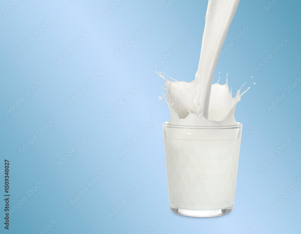 Pouring fresh milk into glass against light blue background. Liquid splashing out of glass Pouring fresh milk into glass against light blue background. Liquid splashing out of glass