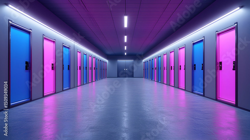 Neon Lit Hallway with Pink and Blue Doors