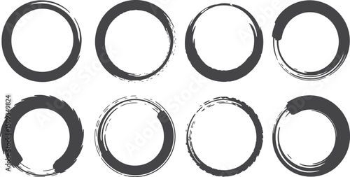 Eight ensō circles in varying brush stroke styles arranged on a white background in a graphic design