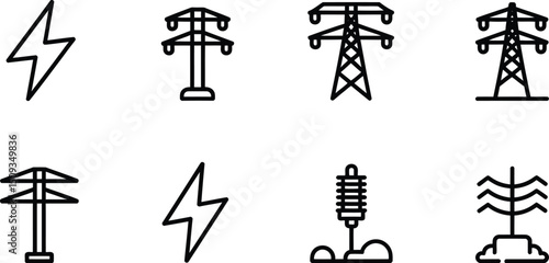 A set of eight black and white line drawings depicting electricity and power transmission structures