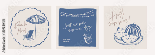 Summer doodle square card set. Beach posters with quotes. Event invitation template. Coastal hand drawn illustration. Graphic ink style sketch.