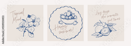 Summer fruits and flowers doodle card set. Square posters with quotes. Event invitation template. Coastal hand drawn illustration. Graphic ink style sketch.