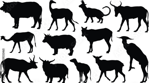 Silhouette illustration of assorted exotic animals including ungulates and other creatures in black