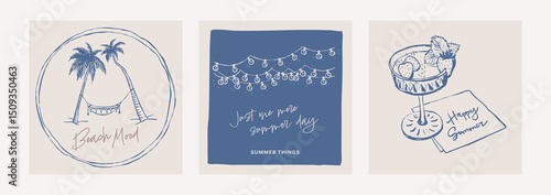 Happy summer doodle square card set. Beach posters with quotes. Event invitation template. Coastal hand drawn illustration. Graphic ink style sketch.
