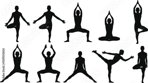 Ten black silhouette figures demonstrating various yoga poses on a white background in a studio setting