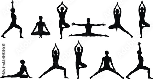 Silhouette illustration featuring various yoga poses performed by figures on a white background art image