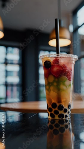 Trendy bubble tea takeaway cup filled ice colorful tapioca pearls garnished berries set rustic table stylish food photography