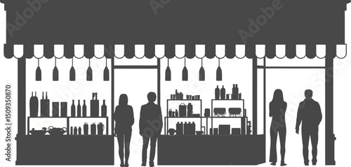 Silhouette illustration of a storefront with awning displaying various goods and several customers inside