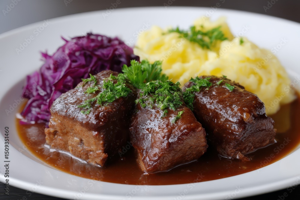 Rinderroulade mit Rotkohl Kartoffelpüree Hausmannskost deutsche Küche deftiges Essen Festessen Wintergericht Fleischgericht Bratensoße Rindfleisch klassisch angerichtet Sonntagsessen Tellergericht Rinderroulade mit Rotkohl Kartoffelpüree Hausmannskost deutsche Küche deftiges Essen Festessen Wintergericht Fleischgericht Bratensoße Rindfleisch klassisch angerichtet Sonntagsessen Tellergericht