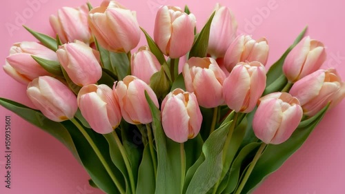 A bouquet of pink and white tulips arranged in a vase. The flowers are fresh and vibrant, creating a cheerful and uplifting atmosphere