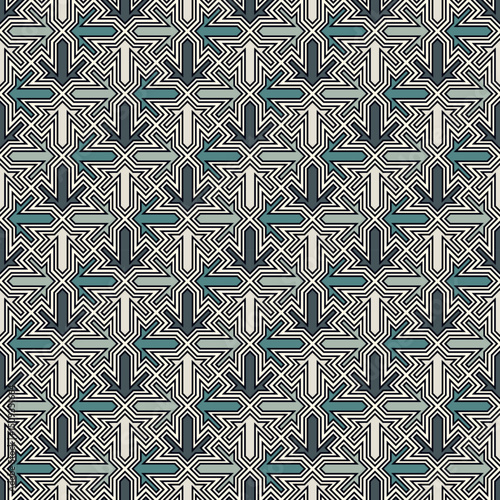 Seamless ethnic ornament. Tribal wallpaper. Arrows image. Folk pattern. Geometric backdrop. Mosaics motif. Grid background. Digital paper. Textile print. Ethnical web design. Abstract vector art.