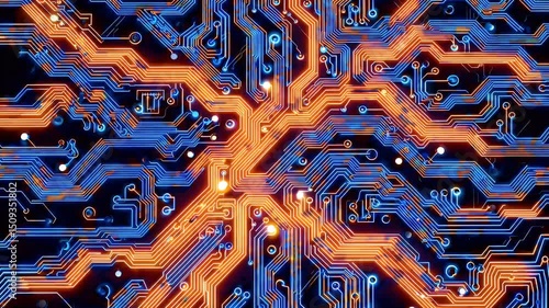 Animated circuit board glowing blue orange dynamic lines pulsing electronic pathways representing advanced digital technology futuristic innovation in 4k