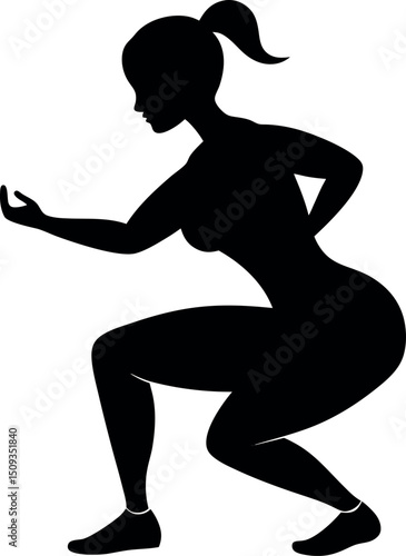 Black and white silhouette of a woman in a squatting pose, perfect for fitness and exercise themes
