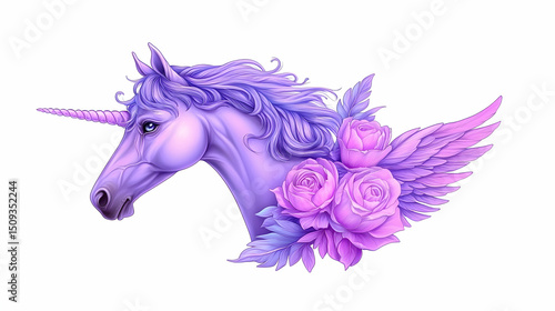 Lavender Unicorn with Roses and Wings