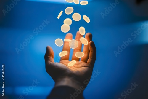 Glowing digital coins falling onto open palm. Online money profit