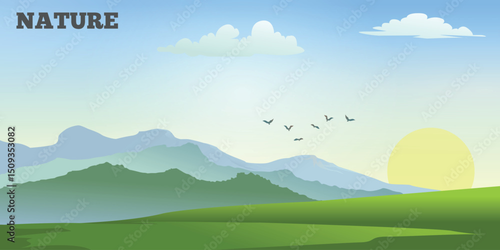 Obraz premium a landscape with green hills and mountain silhouettes. The sun is setting or rising, the sky is in soft blue and yellow shades with white clouds. A flock of birds can be seen in the sky