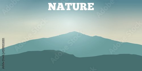 a minimalist landscape with several layers of blue mountains or hills disappearing into the distance, creating a serene and calming effect against the foggy, gradient sky.