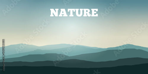 a minimalist landscape with several layers of blue mountains or hills disappearing into the distance, creating a serene and calming effect against the foggy, gradient sky.