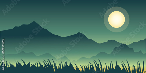 night landscape with silhouettes of mountains against a dark sky with a full moon shining. In front of the mountains, you can see the outline of tall grass, which adds a natural accent.