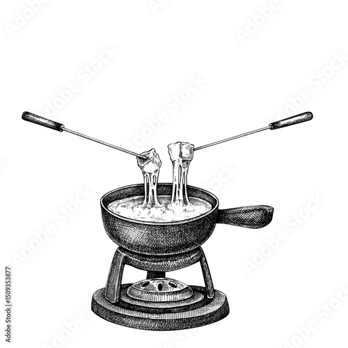 hand drawn Cheese fondue pot sketch.⁠
