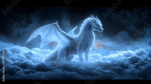 White Dragon in Night Clouds Pixel Art