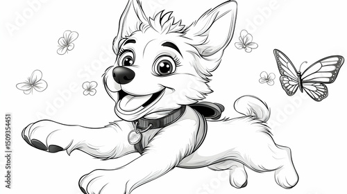 Playful Puppy Running with Butterflies and Dandelions