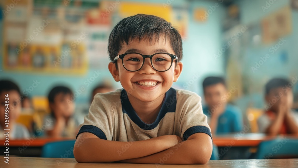 Fototapeta premium Cheerful Filipino boy with glasses enjoying knowledge day in a classroom setting on September 1