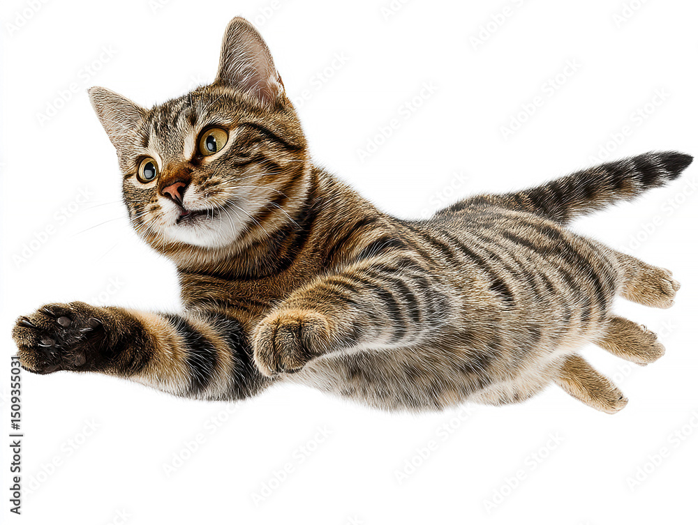 Obraz premium Cat in mid-jump, dark fur with light markings, perked up ears, wide open eyes, agape mouth, white background, bright lighting, soft shadows, shallow depth of field, stock photo style - AI-Generated