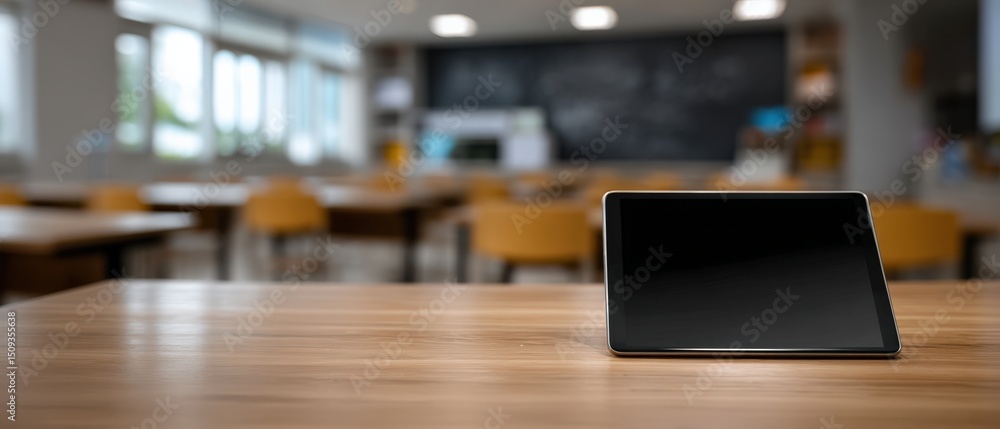Tablet on wooden desk in empty classroom with blackboard, showcasing modern education technology and elearning in school Tablet on wooden desk in empty classroom with blackboard, showcasing modern education technology and elearning in school