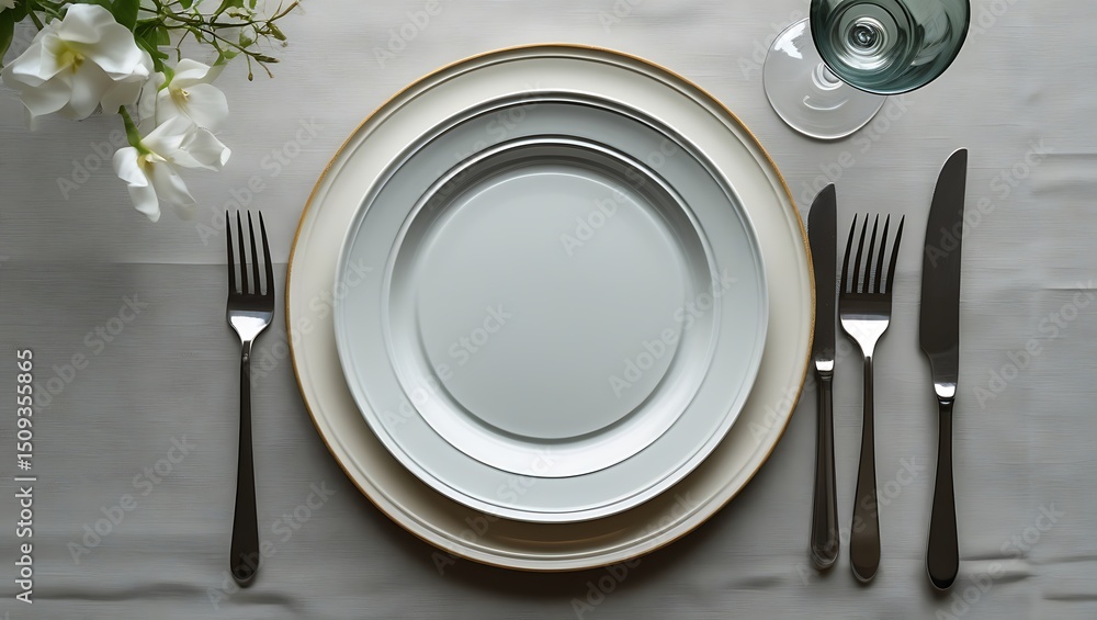 Elegant table setting with layered plates and silverware for special occasion Elegant table setting with layered plates and silverware for special occasion