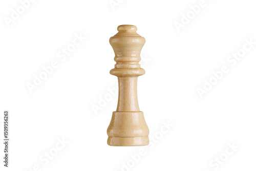 Macro shot of a wooden brown queen chess piece on white background. Perfect for chess strategy and education themes.