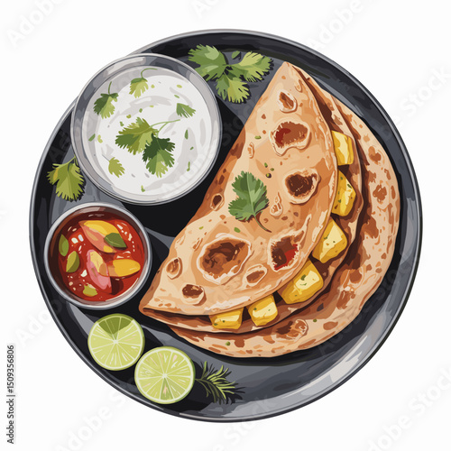 Aloo Paratha with Curd and Pickle – Watercolor Style