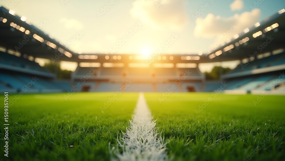Fototapeta premium Dynamic perspective of a vibrant soccer stadium with natural green grass