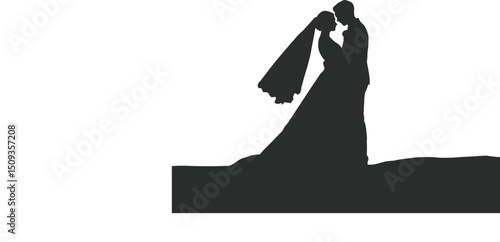 Wedding couple silhouette on edge, romantic moment in scenic composition

