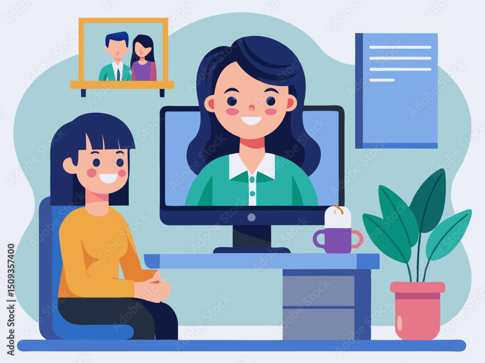 Two businesswomen communicating through online conference in modern workplace interior scene Two businesswomen communicating through online conference in modern workplace interior scene