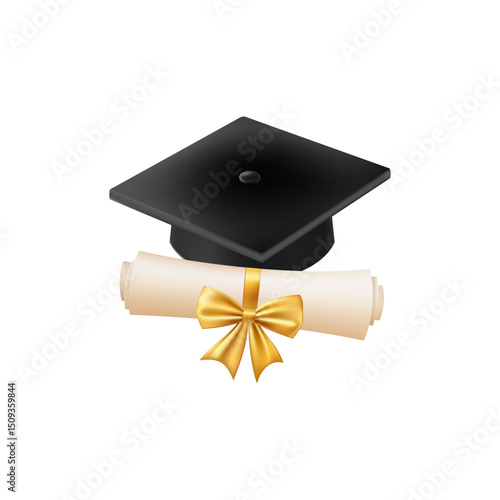 3d diploma scroll with graduate hat. Vintage roll paper