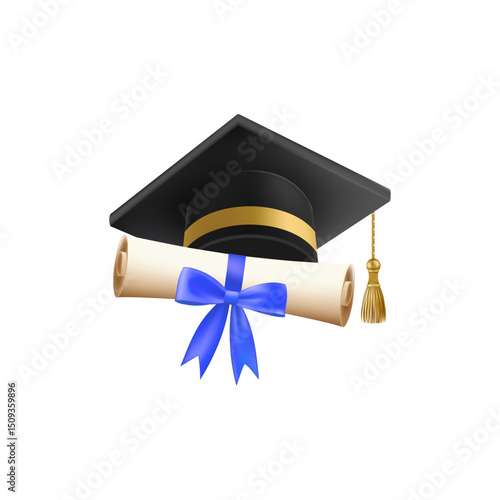 3d diploma scroll with graduate hat. Vintage roll paper