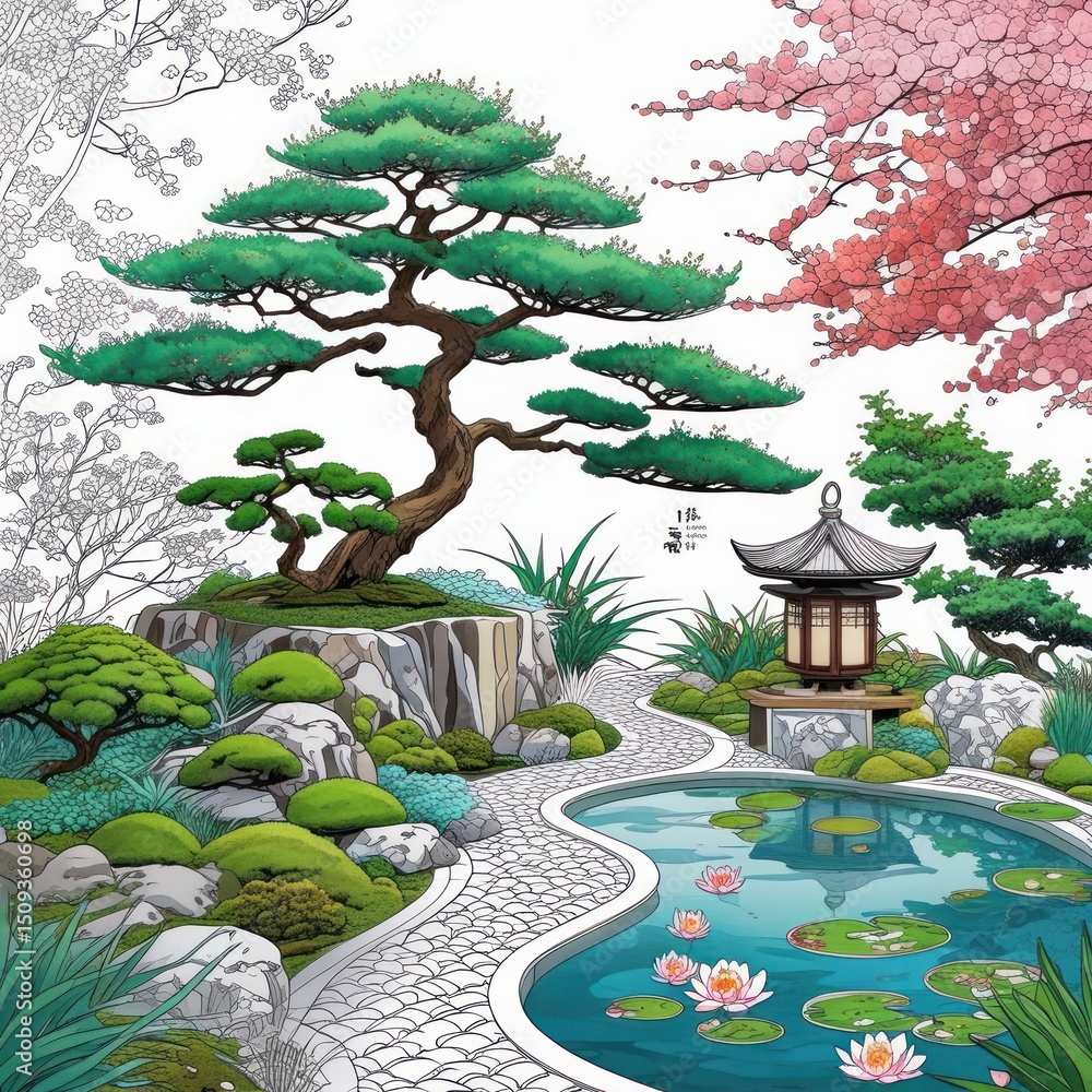 Fototapeta premium Colorful Japanese garden, stages of drawing
