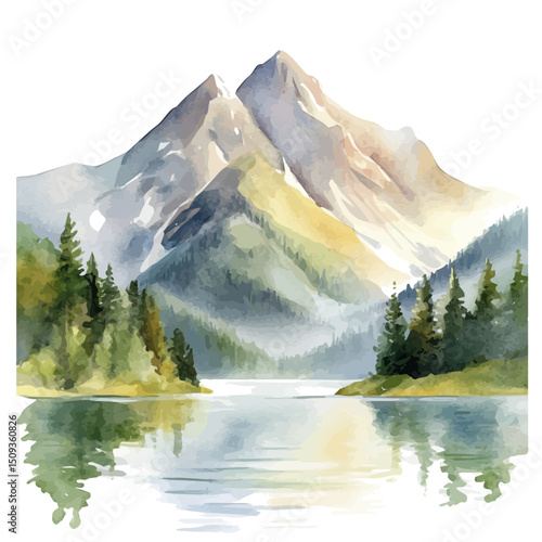 Mountain Lake, watercolor clipart vector, high quality, isolated on a white background.